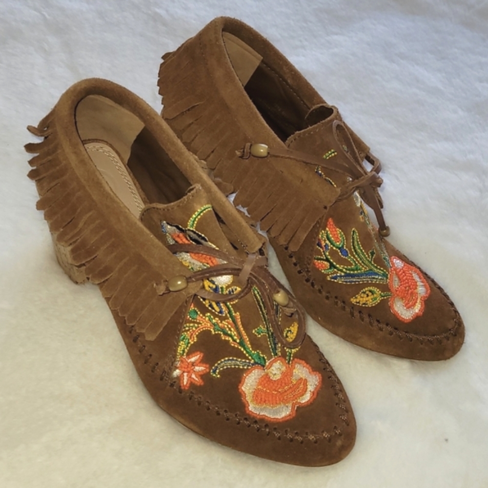 Tory Burch Huntington Beaded Embroidered Fringe Moccasin Boho Heel Booties